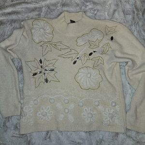 Claudia D. Vintage Silk & Angora Blend Embellished Winter Floral Sweater L